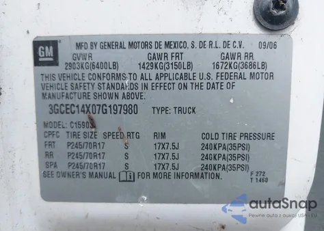 2007 Chevrolet Silverado 1500 Classic Work Truck z USA, uszkodzony, nr VIN 3GCEC14X07G197980